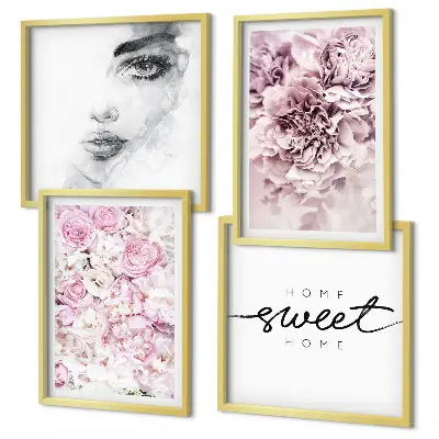 Composição de quadros retratos de uma mulher com peônias para decoração de casa