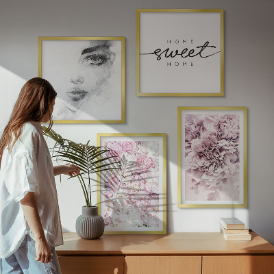 Composição de quadros Retrato de uma mulher com peônias para decoração de casa.