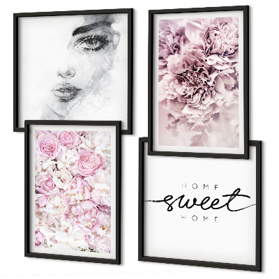 Composição de quadros Retrato de uma mulher com peônias para decoração de casa.