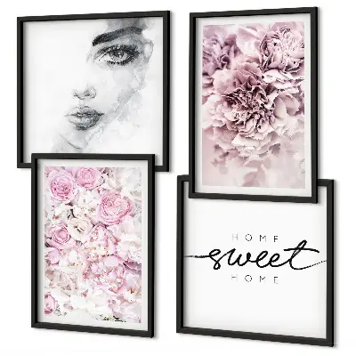 Composição de quadros retratos de uma mulher com peônias para decoração de casa