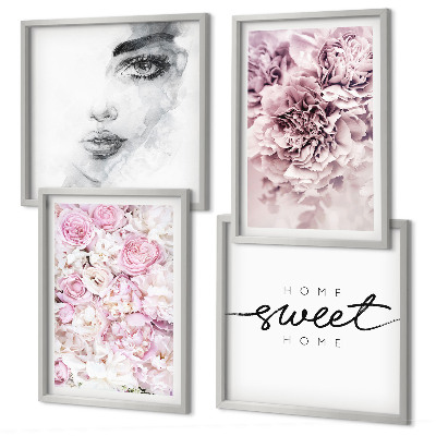 Composição de quadros Retrato de uma mulher com peônias para decoração de casa.