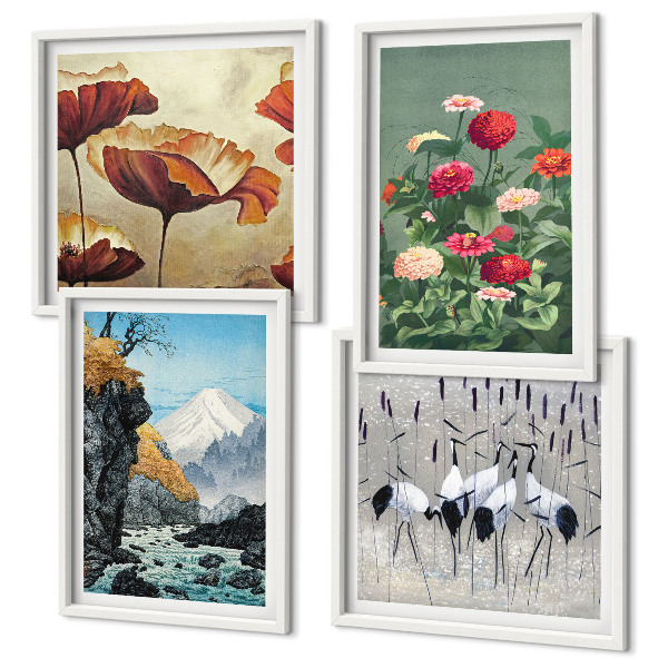 Conjunto de 4 quadros com moldura Montanhas cachoeira pássaros flores