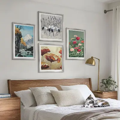 Conjunto de 4 quadros com moldura de montanhas, cachoeira, pássaros e flores