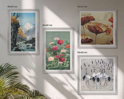 Conjunto de 4 quadros com moldura Montanhas cachoeira pássaros flores