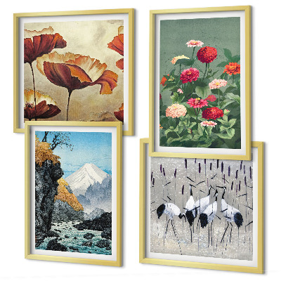 Conjunto de 4 quadros com moldura Montanhas cachoeira pássaros flores