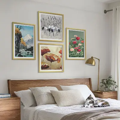 Conjunto de 4 quadros com moldura de montanhas, cachoeira, pássaros e flores