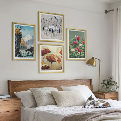 Conjunto de 4 quadros com moldura Montanhas cachoeira pássaros flores