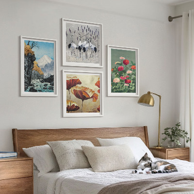 Conjunto de 4 quadros com moldura Montanhas cachoeira pássaros flores
