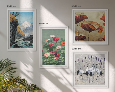 Conjunto de 4 quadros com moldura Montanhas cachoeira pássaros flores