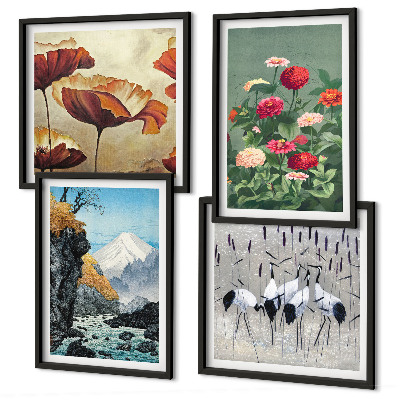 Conjunto de 4 quadros com moldura Montanhas cachoeira pássaros flores