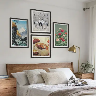 Conjunto de 4 quadros com moldura de montanhas, cachoeira, pássaros e flores