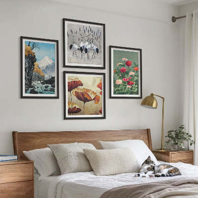 Conjunto de 4 quadros com moldura Montanhas cachoeira pássaros flores