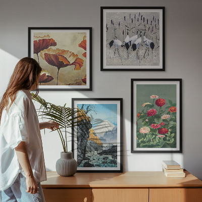 Conjunto de 4 quadros com moldura Montanhas cachoeira pássaros flores