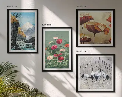 Conjunto de 4 quadros com moldura de montanhas, cachoeira, pássaros e flores