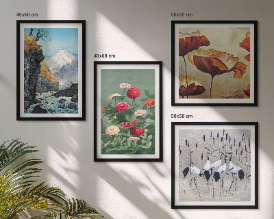 Conjunto de 4 quadros com moldura Montanhas cachoeira pássaros flores