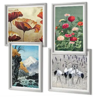 Conjunto de 4 quadros com moldura de montanhas, cachoeira, pássaros e flores