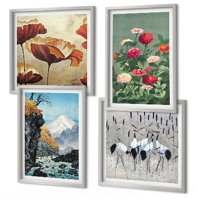 Conjunto de 4 quadros com moldura Montanhas cachoeira pássaros flores