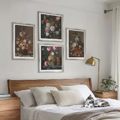 Arranjos de flores em vasos políptico com moldura