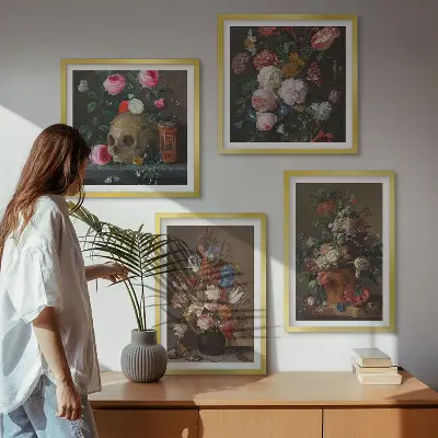 Arranjos de flores em vasos políptico com moldura