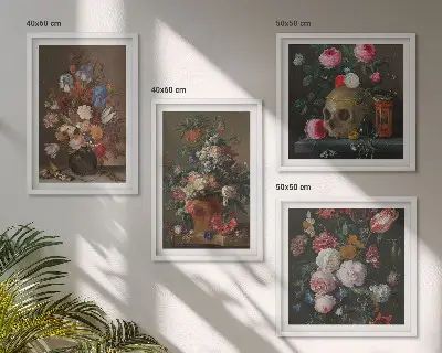 Arranjos de flores em vasos políptico com moldura