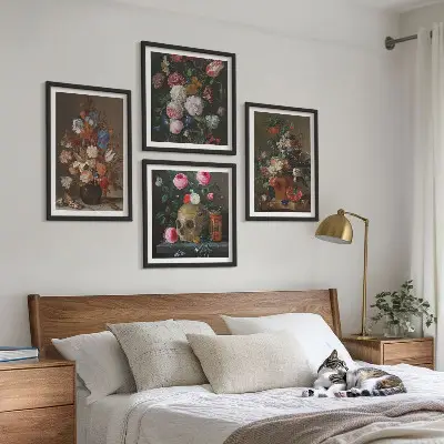 Arranjos de flores em vasos políptico com moldura