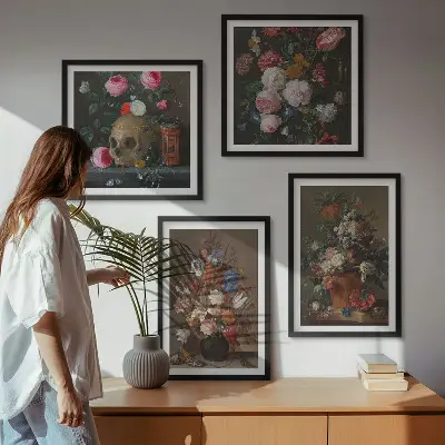 Arranjos de flores em vasos políptico com moldura