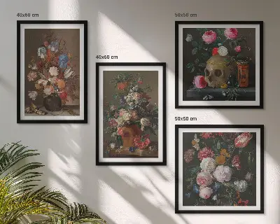 Arranjos de flores em vasos políptico com moldura
