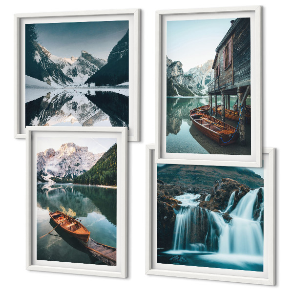 Conjunto de 4 quadros com moldura barcos em lagos de montanha