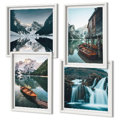 Conjunto de 4 quadros com moldura barcos em lagos de montanha