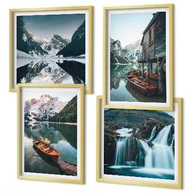 Conjunto de 4 quadros com moldura barcos em lagos de montanha