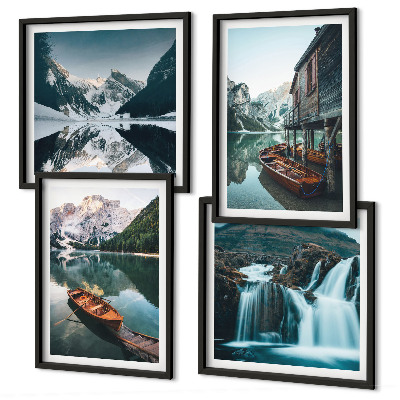Conjunto de 4 quadros com moldura barcos em lagos de montanha