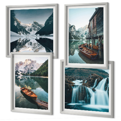 Conjunto de 4 quadros com moldura barcos em lagos de montanha