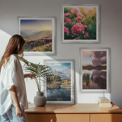Políptico com moldura jardim de flores com montanhas, prado e água