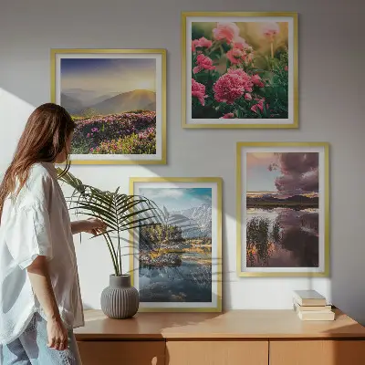 Políptico com moldura jardim de flores com montanhas, prado e água