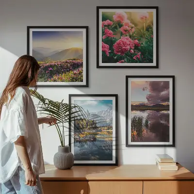 Políptico com moldura jardim de flores com montanhas, prado e água