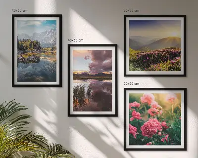 Políptico com moldura jardim de flores com montanhas, prado e água