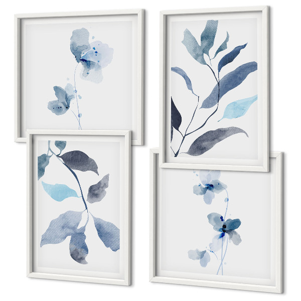 Conjunto de 4 quadros com moldura Folhas azuis em aquarela