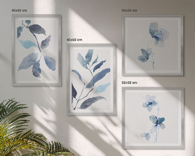 Conjunto de 4 quadros com moldura Folhas azuis em aquarela