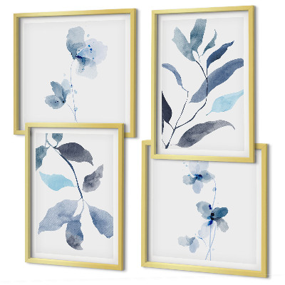 Conjunto de 4 quadros com moldura Folhas azuis em aquarela