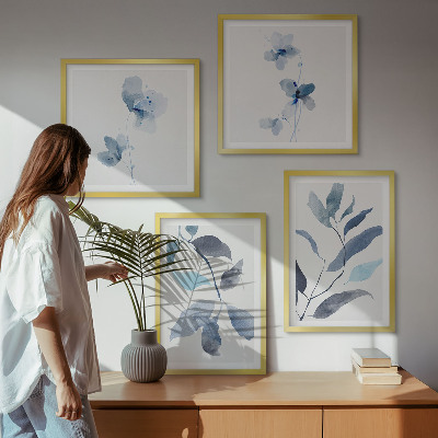 Conjunto de 4 quadros com moldura Folhas azuis em aquarela