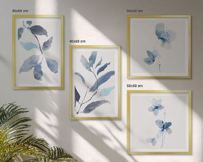 Conjunto de 4 quadros com moldura Folhas azuis em aquarela