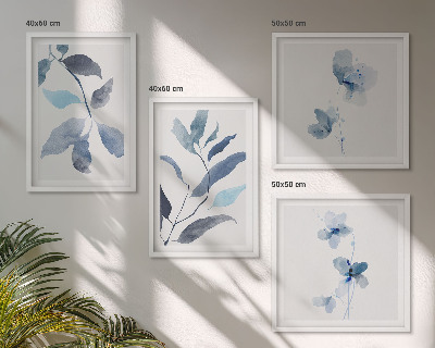 Conjunto de 4 quadros com moldura Folhas azuis em aquarela
