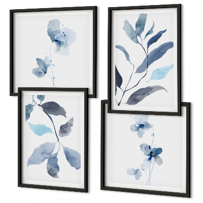 Conjunto de 4 quadros com moldura Folhas azuis em aquarela