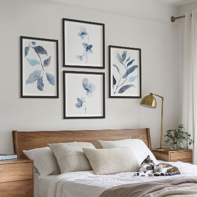 Conjunto de 4 quadros com moldura Folhas azuis em aquarela