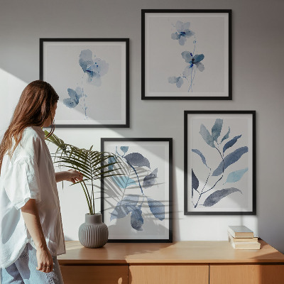 Conjunto de 4 quadros com moldura Folhas azuis em aquarela