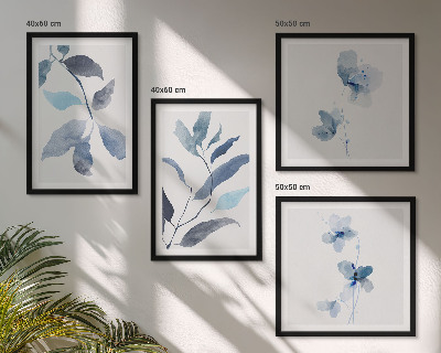Conjunto de 4 quadros com moldura Folhas azuis em aquarela