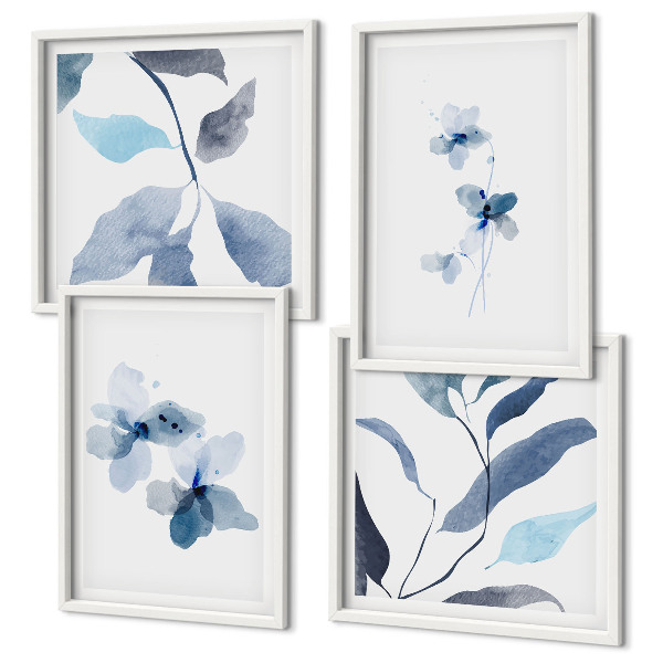 Políptico com moldura Flores azuis minimalistas