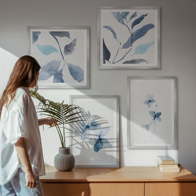 Políptico com moldura Flores azuis minimalistas