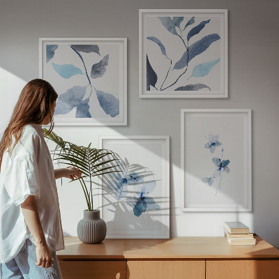 Políptico com moldura Flores azuis minimalistas