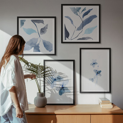 Políptico com moldura Flores azuis minimalistas